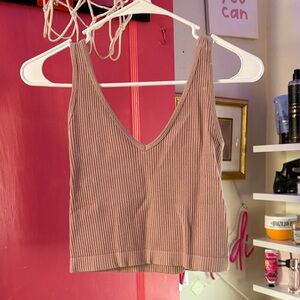 Ribbed V-Neck Tank Top - Tan